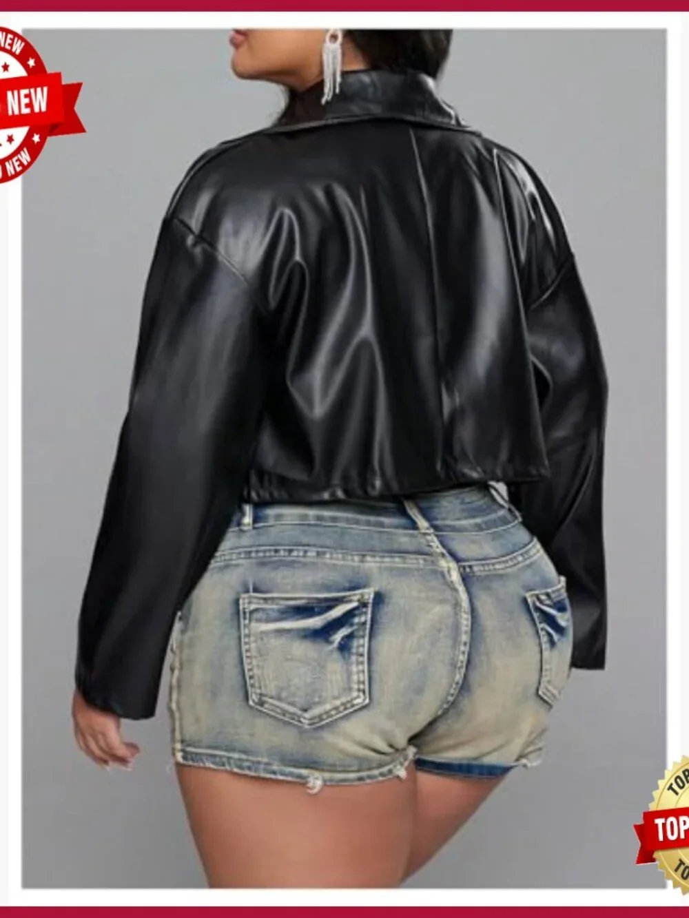 Plus Size Faux Leather Bomber Jacket Crop Motorcycle Biker Coat
